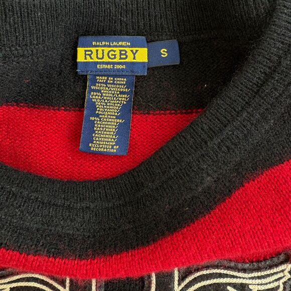 VTG Ralph Lauren Rugby Striped Red Black Wool Cashmere Sweater Winged R Logo S - Picture 4 of 7
